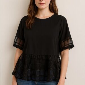 Elegant Black Peplum Blouse with Sheer Sleeves